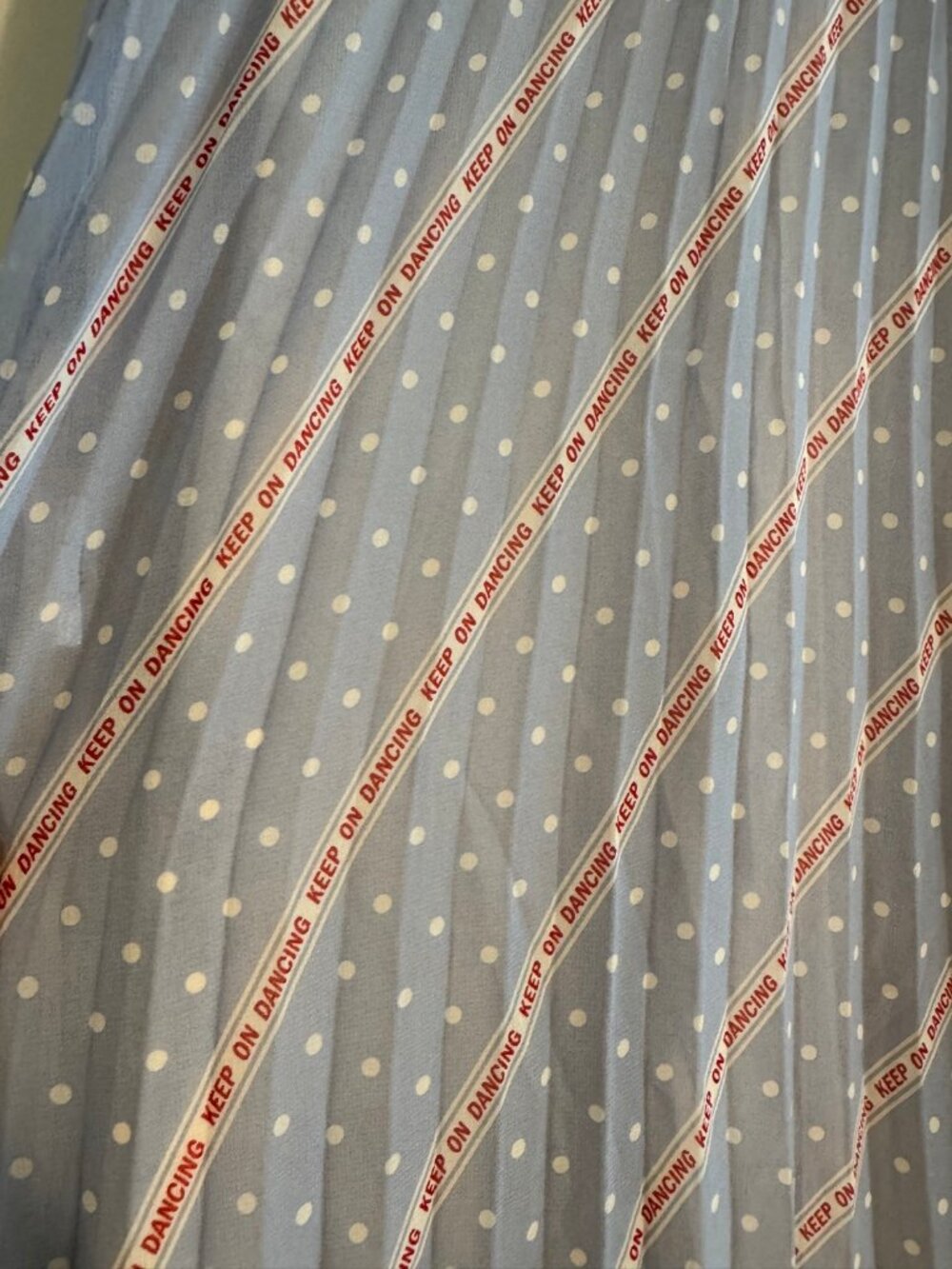 Sandro Pleated Midi Skirt Light Blue Polka Dot "Keep On Dancing" Slogan Stripes - Picture 3 of 4